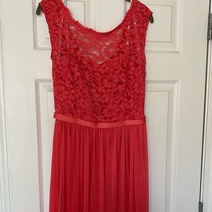David’s bridal long salmon dress with lace and chiffon